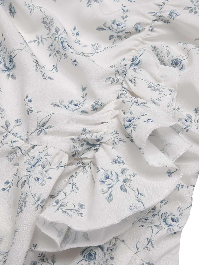 She slips into this Blue 1930s Off-Shoulder Floral Ruffles Hem Dress and suddenly it's a 1930s daydream