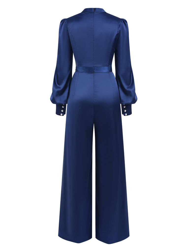 Blue 1930s Satin Bishop Sleeves Jumpsuit, vintage romper, retro jumpsuit - perfect for women who love vintage and retro fashion