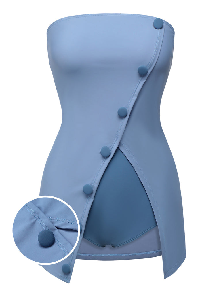 Blue 1930s Solid Buttoned Bandeau Swimsuit, vintage swimsuit, pin-up swimwear - perfect for women who love vintage and retro fashion