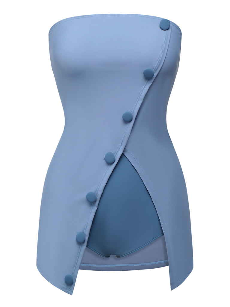 Blue 1930s Solid Buttoned Bandeau Swimsuit, vintage swimsuit, pin-up swimwear - perfect for women who love vintage and retro fashion