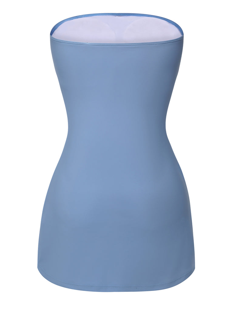 Blue 1930s Solid Buttoned Bandeau Swimsuit, vintage swimsuit, pin-up swimwear - perfect for women who love vintage and retro fashion