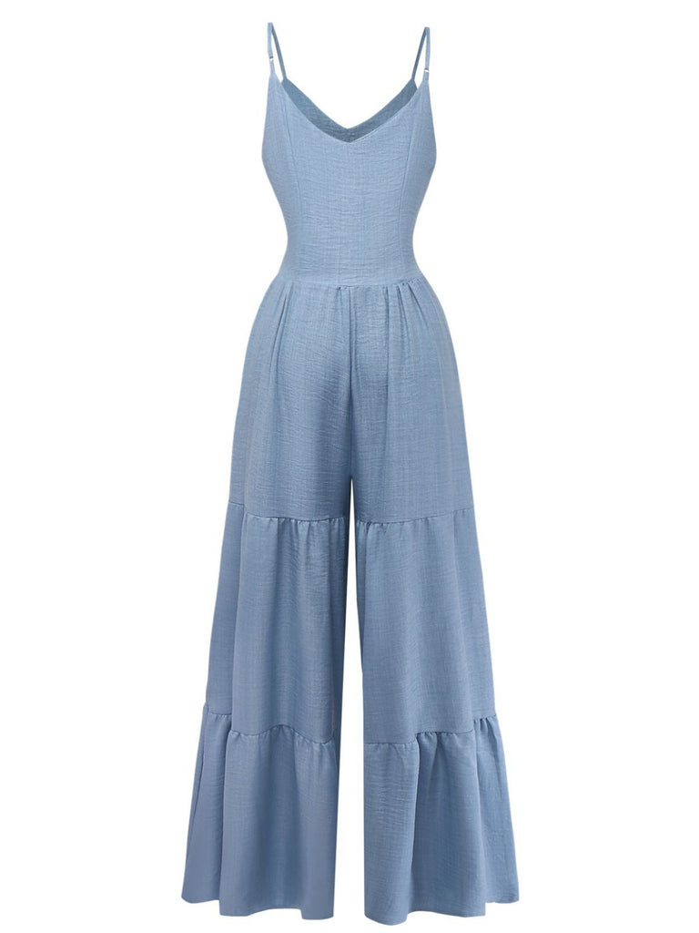 Blue 1930s Solid Deep V Tiered Ruched Jumpsuit - vintage jumpsuit, retro fashion, elegant red