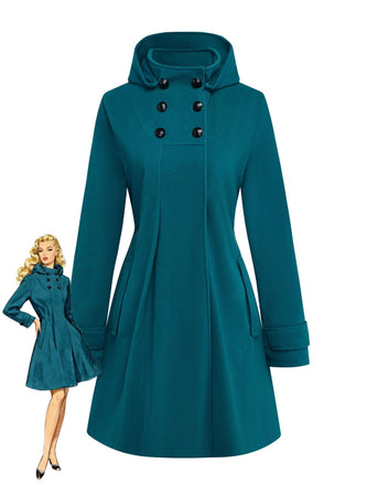 Blue 1930s Solid Faux-Wool Hooded Coat - vintage fashion, retro style