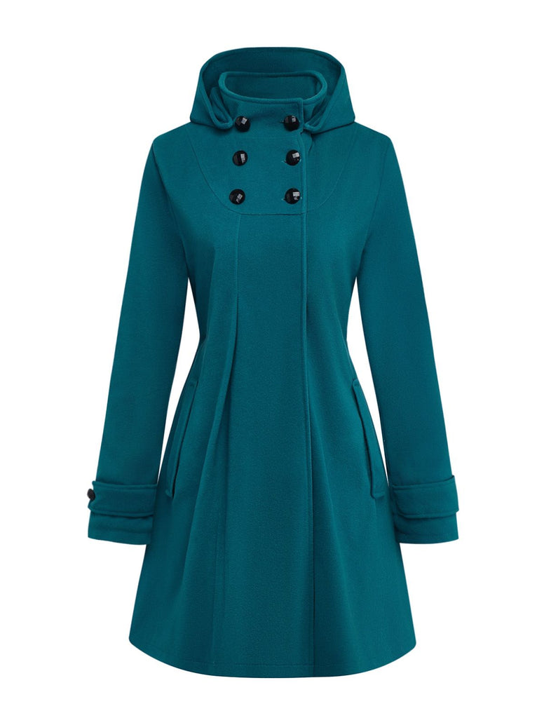 Blue 1930s Solid Faux-Wool Hooded Coat - vintage fashion, retro style
