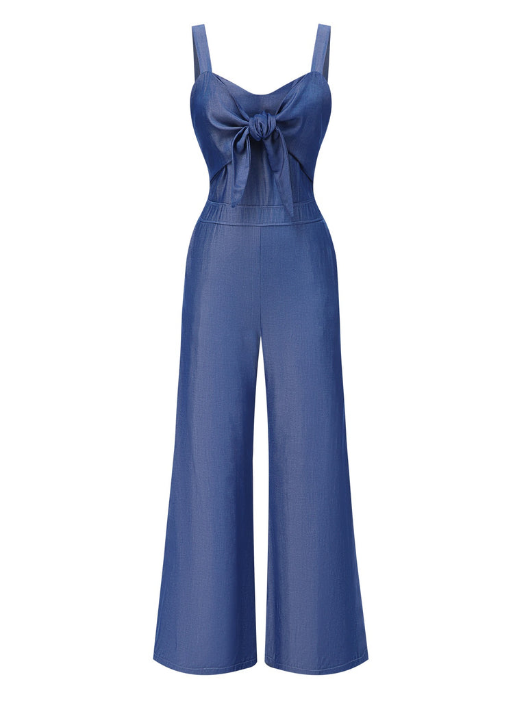 She finds her 1930s story in this Blue 1930s Solid Tencel Denim Knotted Jumpsuit