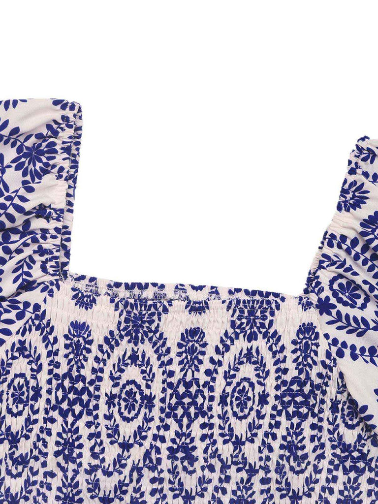 This Blue 1930s Tribal Prints Square Neck Romper whispers 1930s secrets to those who notice