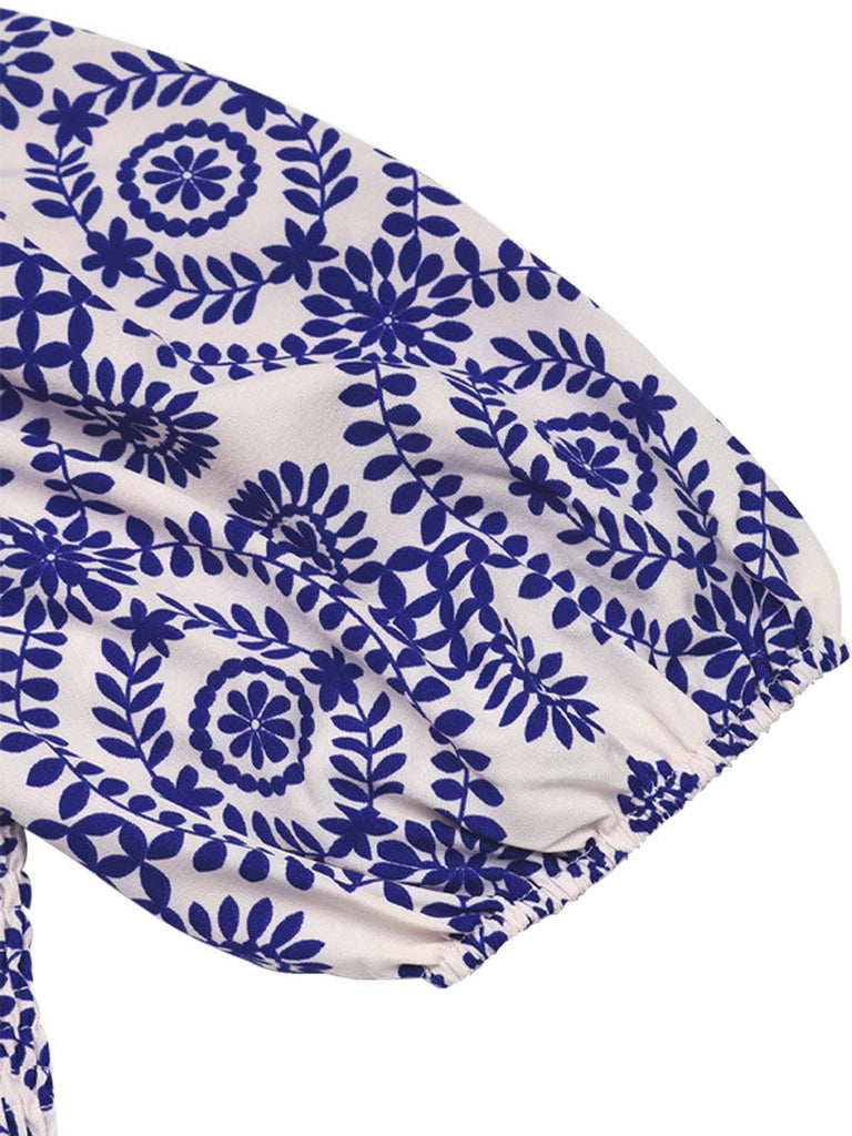 Blue 1930s Tribal Prints Square Neck Romper — 1930s style that transcends decades