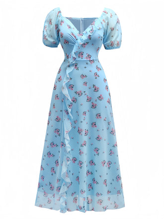 Blue 1930s V-Neck Rose Mesh Ruffled Dress - vintage dress, retro fashion
