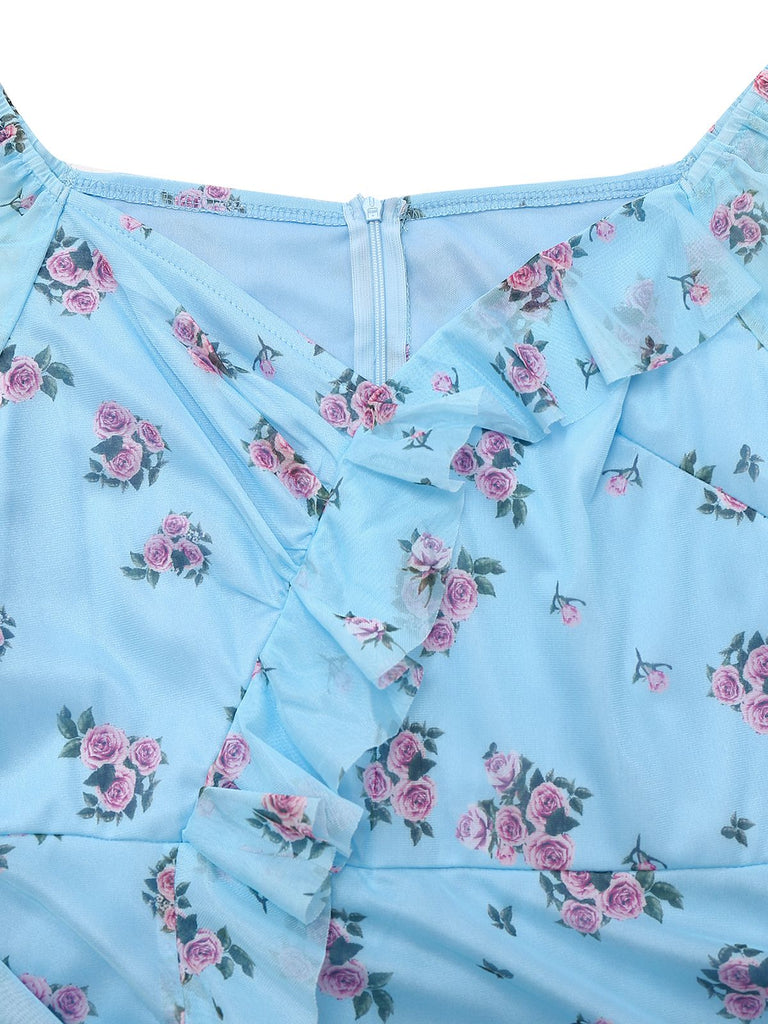 Blue 1930s V-Neck Rose Mesh Ruffled Dress - vintage dress, retro fashion