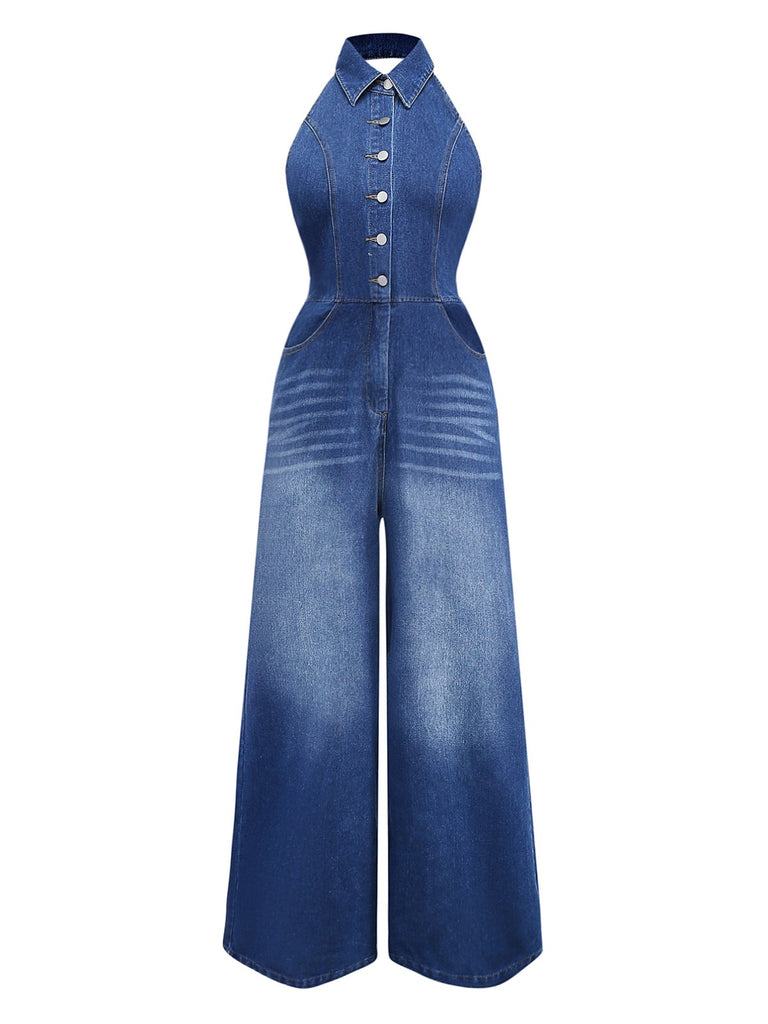 Blue 1930s Lapel Sleeveless Wideleg Denim Jumpsuit - vintage jumpsuit, retro fashion