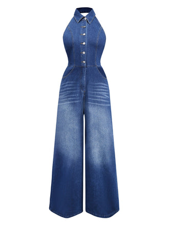 Blue 1930s Lapel Sleeveless Wideleg Denim Jumpsuit - vintage jumpsuit, retro fashion