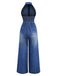 Blue 1930s Lapel Sleeveless Wideleg Denim Jumpsuit - vintage jumpsuit, retro fashion