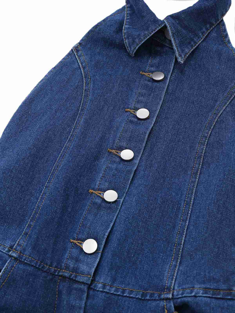 Blue 1930s Lapel Sleeveless Wideleg Denim Jumpsuit - vintage jumpsuit, retro fashion