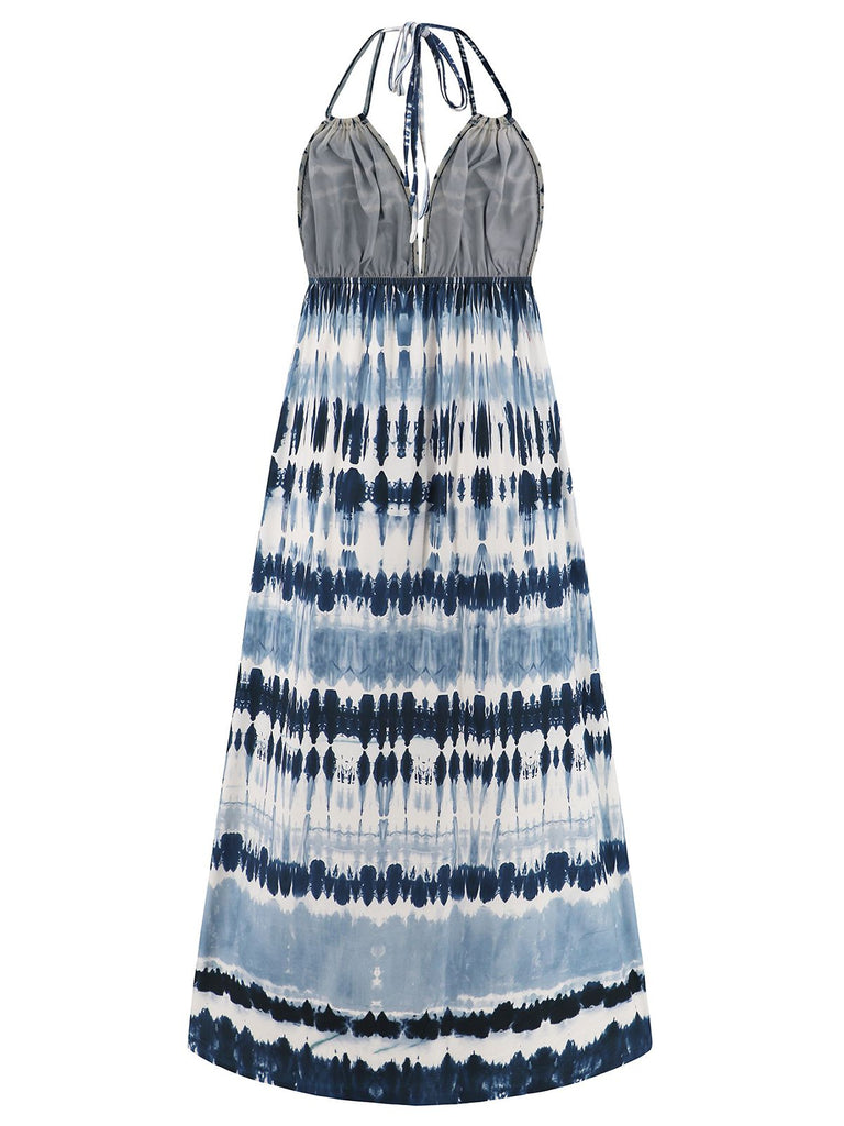 Blue 1940s Backless Tie Dye Long Dress: where 1940s romance meets her modern spirit