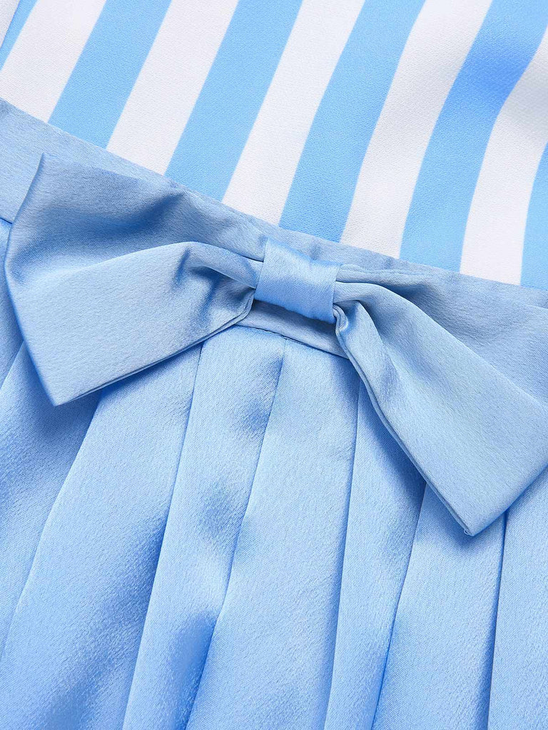She slips into this Blue 1940s Boat Neck Stripes Bow Dress and suddenly it's a 1940s daydream