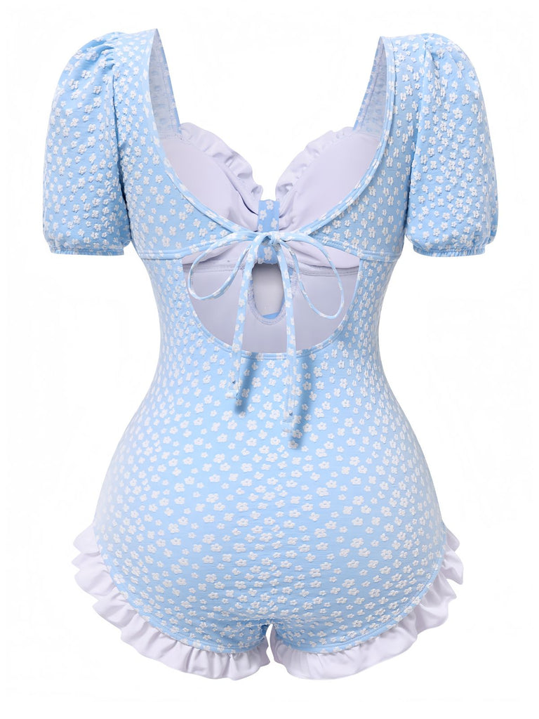 Blue 1940s Ditsy Floral Ruffles One-Piece Swimsuit: 1940s Riviera elegance, reimagined for her
