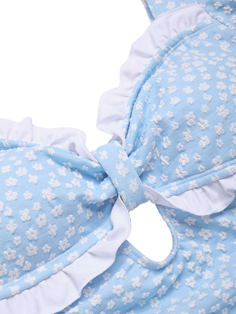 Blue 1940s Ditsy Floral Ruffles One-Piece Swimsuit, vintage swimsuit, pin-up swimwear - perfect for women who love vintage and retro fashion