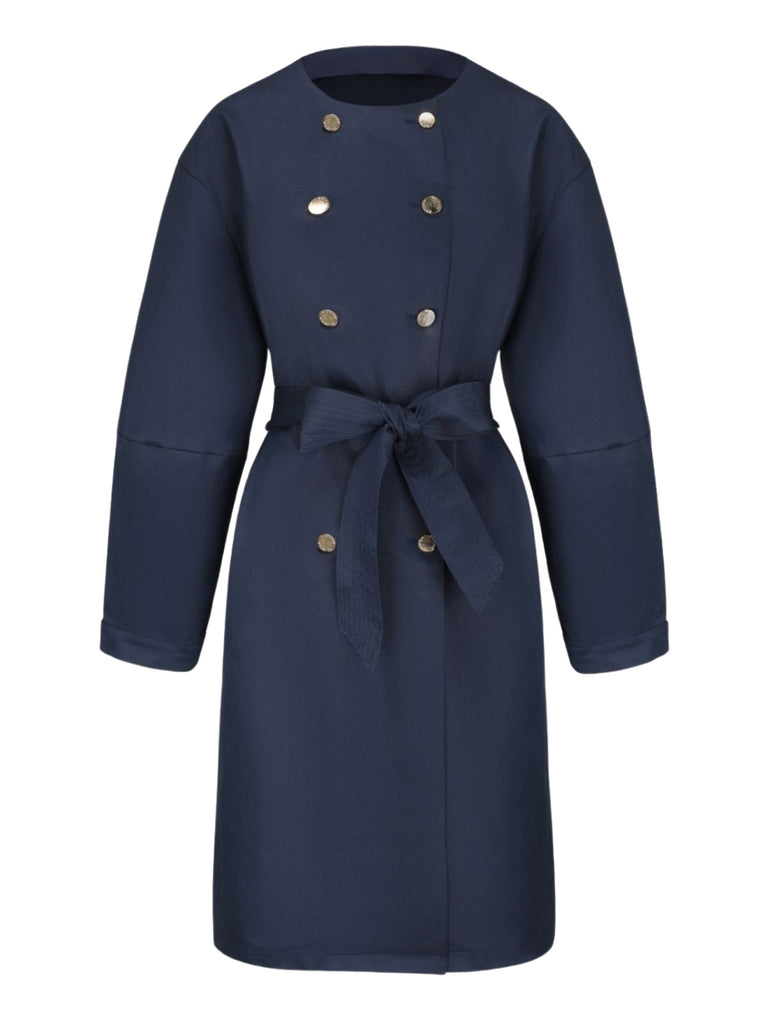 Blue 1940s Double-Breasted Round Neck Trench Coat - vintage fashion, retro style