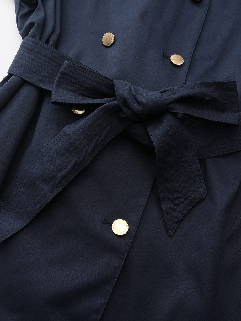 Blue 1940s Double-Breasted Round Neck Trench Coat - vintage fashion, retro style