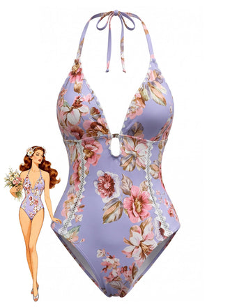 Blue-1940s-Floral-Lace-Trim-Halter-One-Piece-Swimsuit, vintage, retro, swimwear