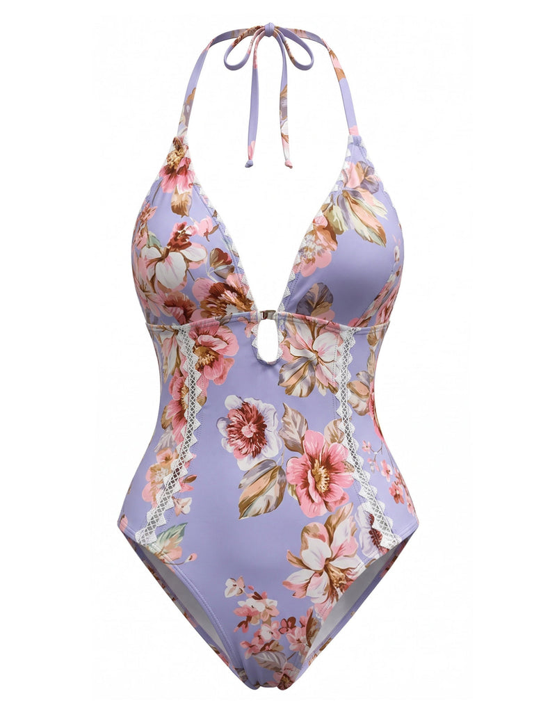 Blue-1940s-Floral-Lace-Trim-Halter-One-Piece-Swimsuit, vintage, retro, swimwear