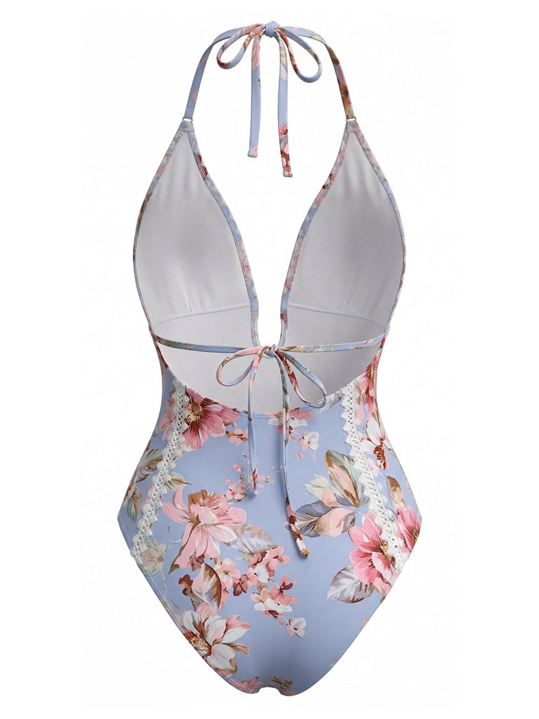 Blue-1940s-Floral-Lace-Trim-Halter-One-Piece-Swimsuit, vintage, retro, swimwear