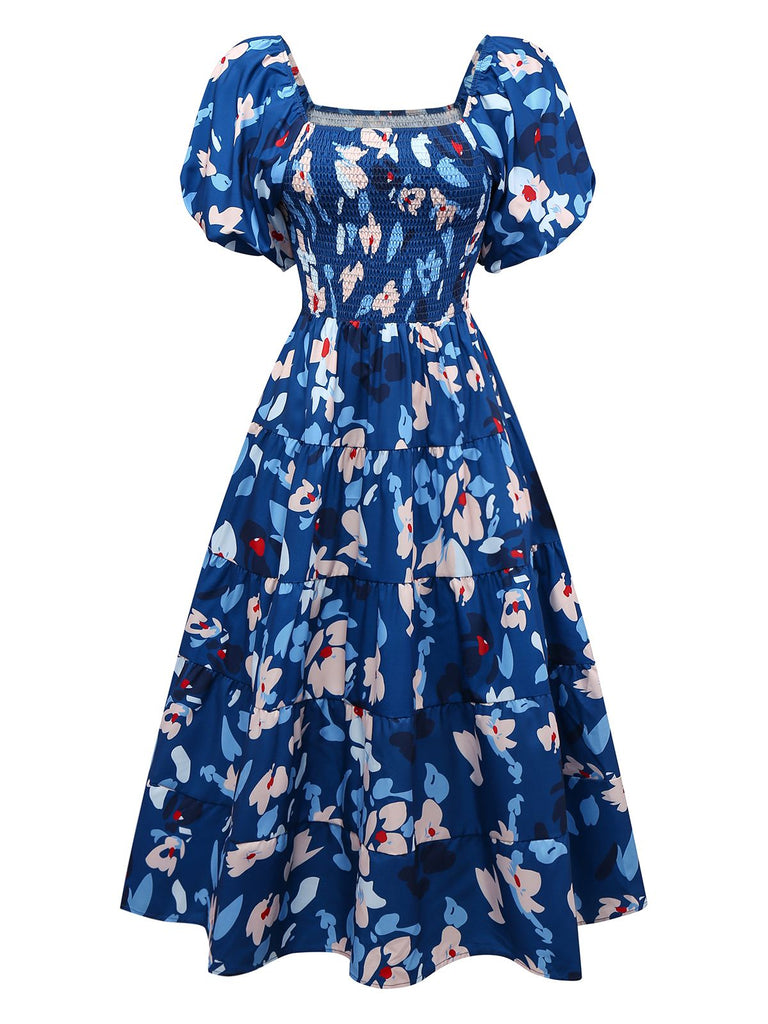 She slips into this Blue 1940s Floral Puff Sleeves Off-Shoulder Dress and suddenly it's a 1940s daydream