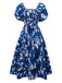 She slips into this Blue 1940s Floral Puff Sleeves Off-Shoulder Dress and suddenly it's a 1940s daydream
