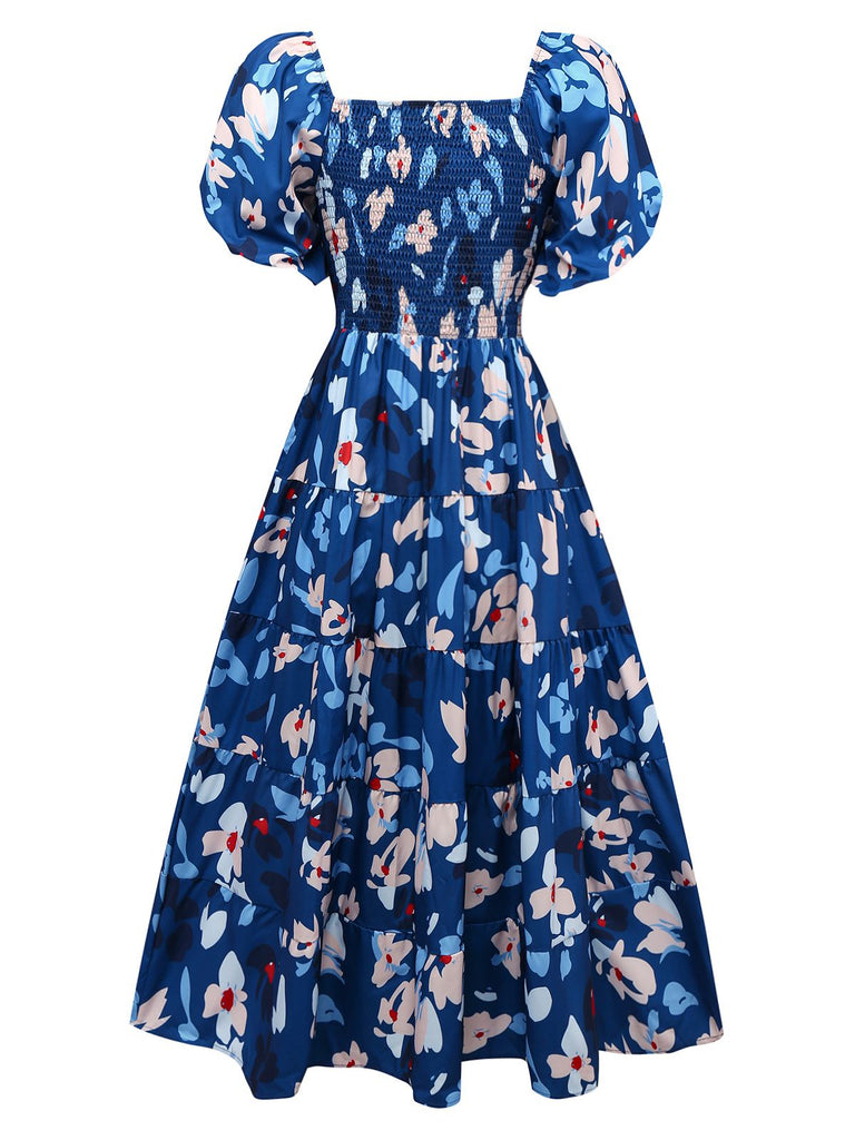 Blue 1940s Floral Puff Sleeves Off-Shoulder Dress: where 1940s romance meets her modern spirit