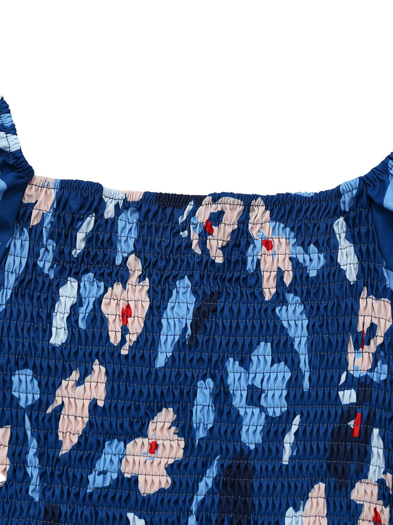 This Blue 1940s Floral Puff Sleeves Off-Shoulder Dress wraps her in 1940s elegance, one twirl at a time