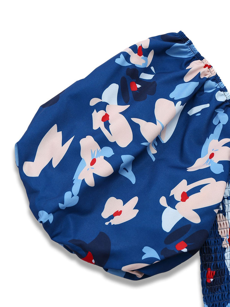 Blue 1940s Floral Puff Sleeves Off-Shoulder Dress — the kind of 1940s dress that makes strangers smile