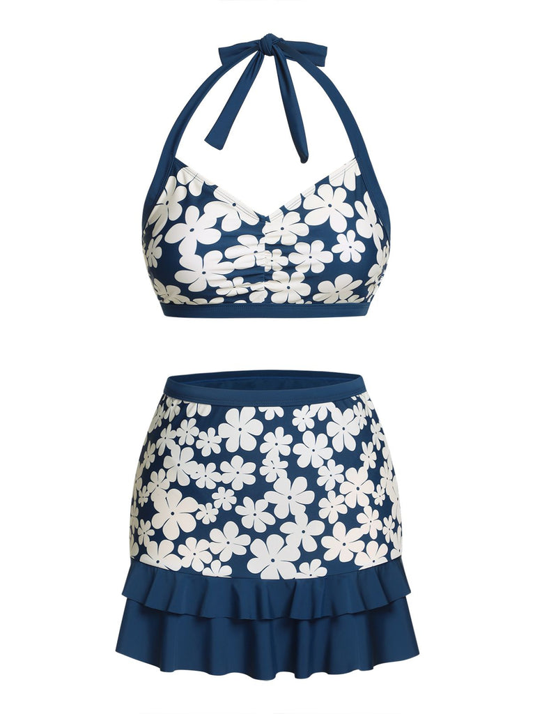 Blue 1940s Floral Ruffles Halter Swimsuit — vintage elegance for the modern woman