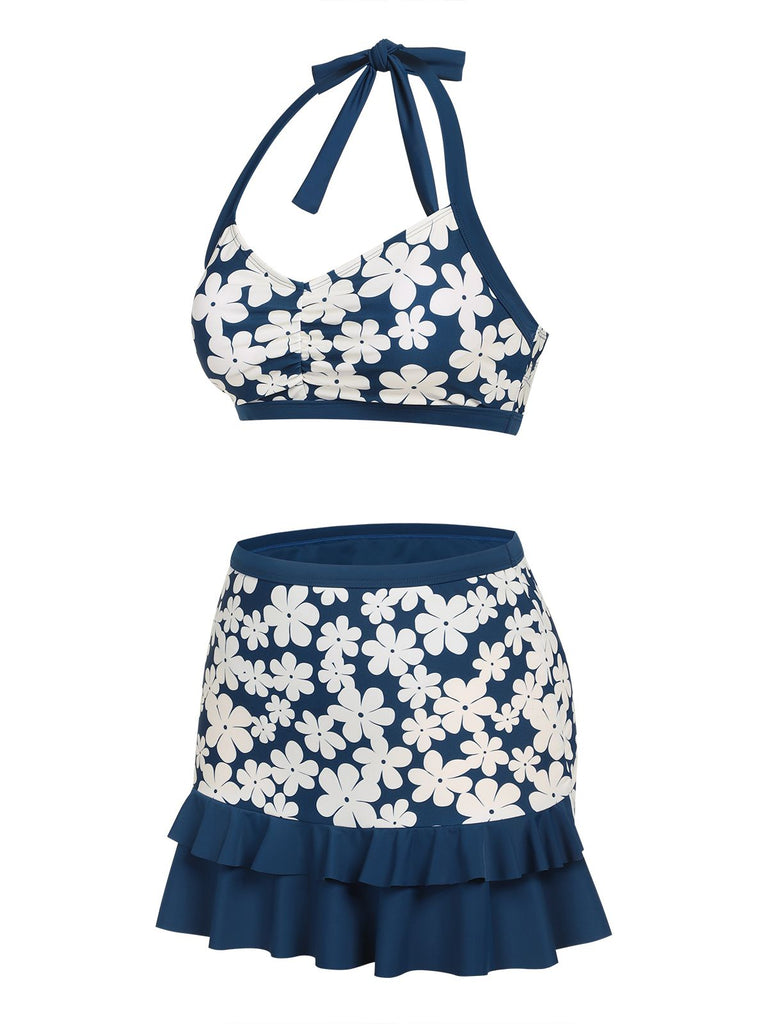 Blue 1940s Floral Ruffles Halter Swimsuit: timeless style reimagined