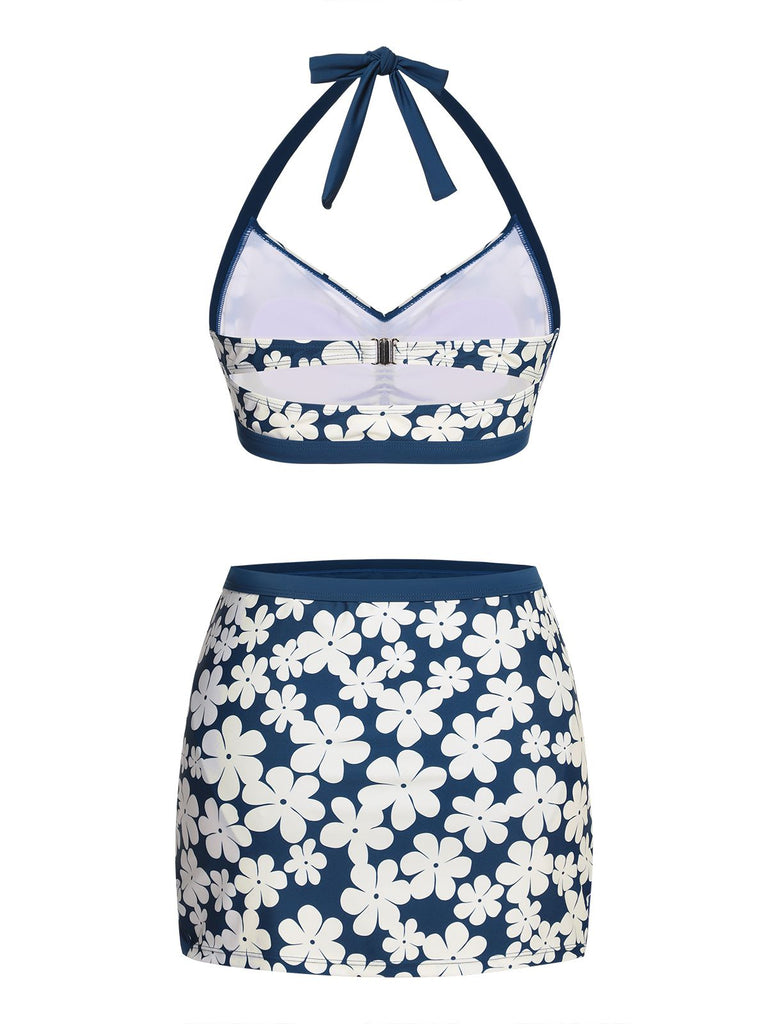 Blue 1940s Floral Ruffles Halter Swimsuit — vintage elegance for the modern woman