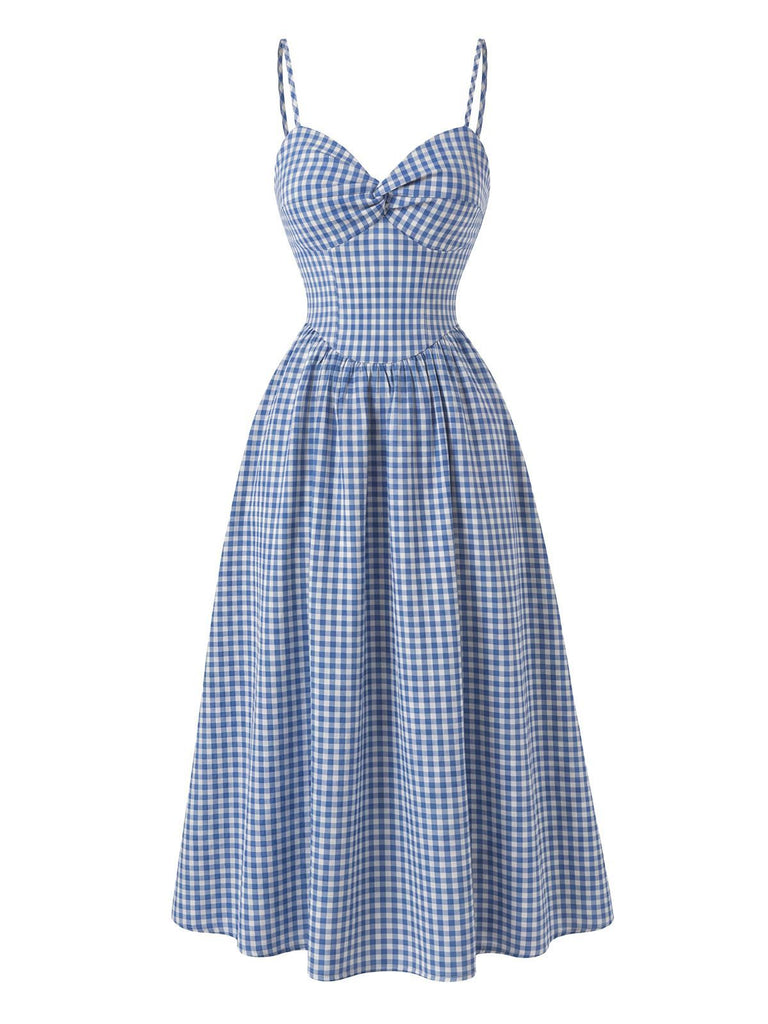 Blue 1940s Gingham Plaid Spaghetti Strap Dress, vintage dress, retro fashion - perfect for women who love vintage and retro fashion