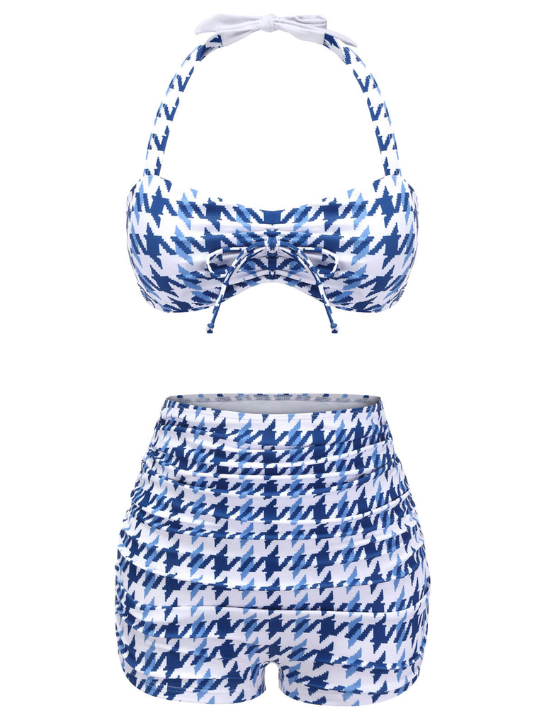 Blue 1940s Houndstooth Bow Halter Swimsuit, vintage swimsuit, pin-up swimwear - perfect for women who love vintage and retro fashion