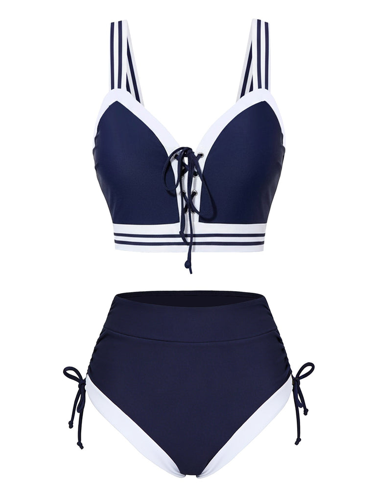 Blue 1940s Nautical Striped Lace-Up Bikini Set - vintage fashion, retro style