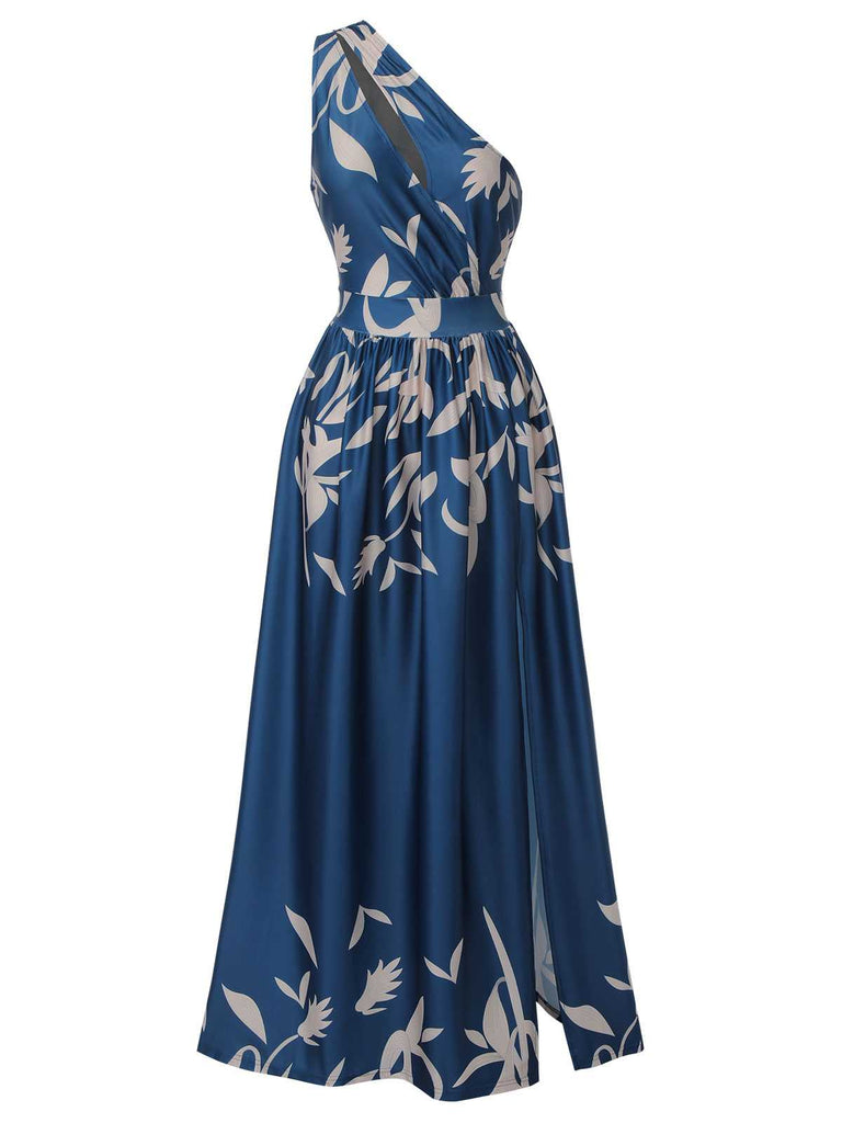 Blue 1940s One-Shoulder Plants Slit Dress: where 1940s romance meets her modern spirit
