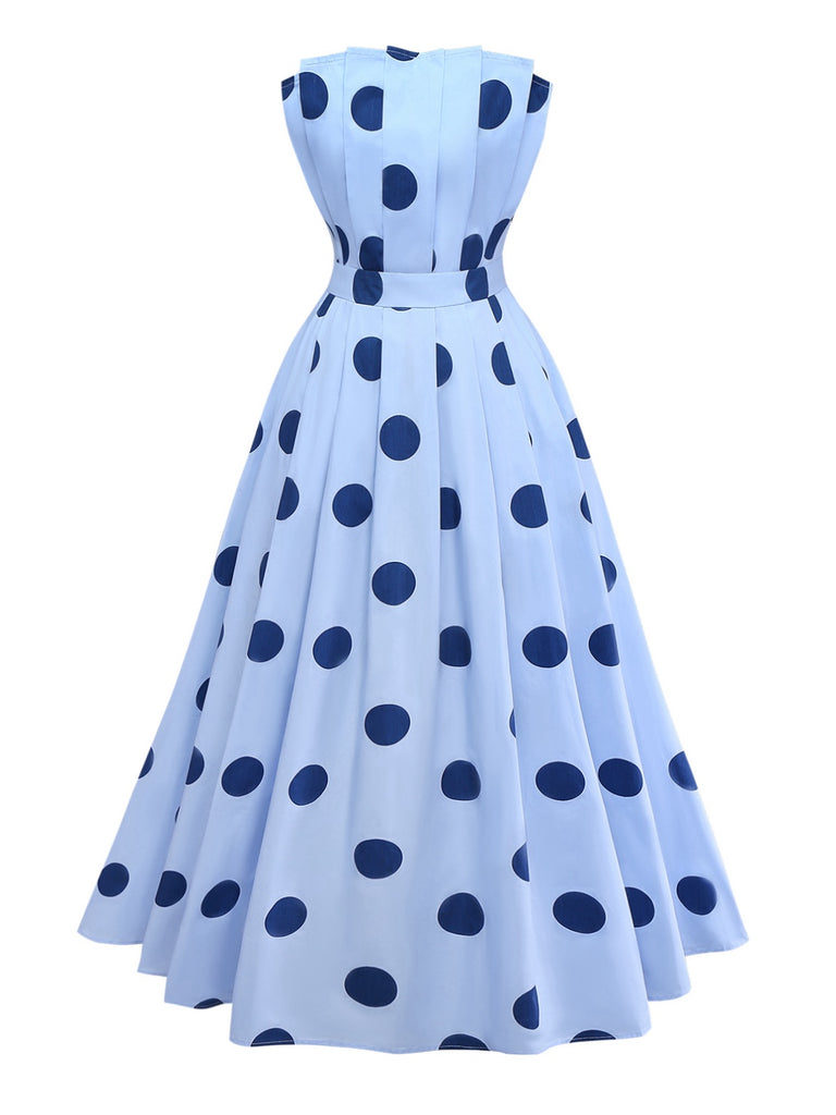 Blue 1940s Polka Dot Strapless Pleated Dress - vintage dress, retro fashion