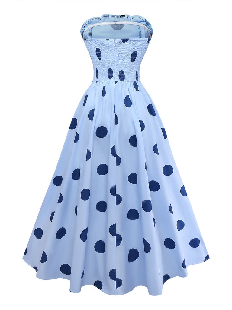 Blue 1940s Polka Dot Strapless Pleated Dress - vintage dress, retro fashion