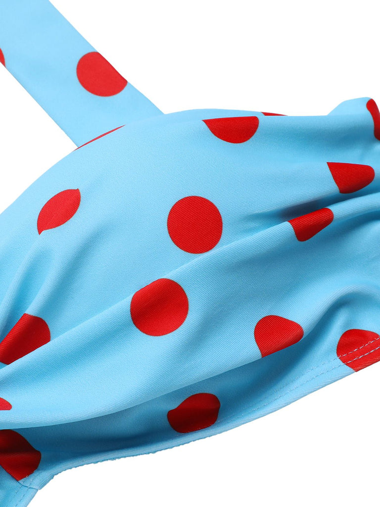 Blue 1940s Polka Dot Stripe Halter Swimsuit, vintage swimsuit, pin-up swimwear - perfect for women who love vintage and retro fashion