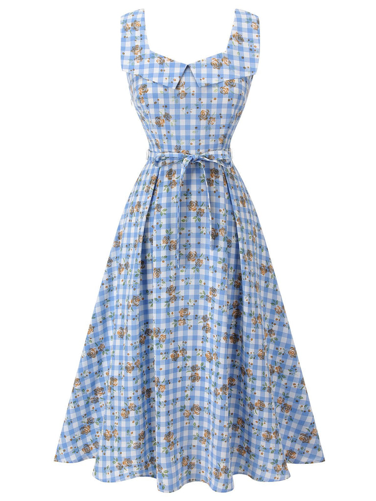 Blue 1940s Rose Gingham Lace Up Dress, vintage dress, retro fashion, lace detail - perfect for women who love vintage and retro fashion