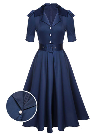 Blue 1940s Solid Short Sleeves Lapel Dress: timeless style reimagined