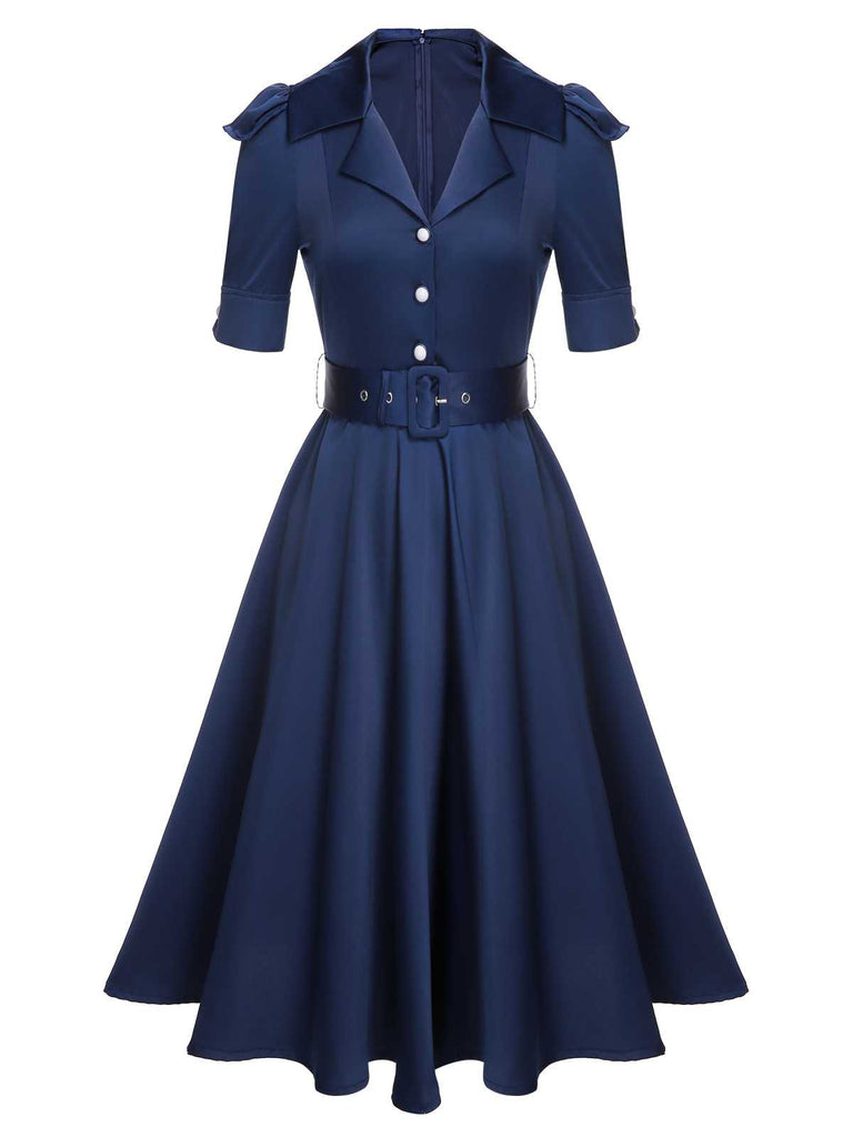 Blue 1940s Solid Short Sleeves Lapel Dress — vintage elegance for the modern woman