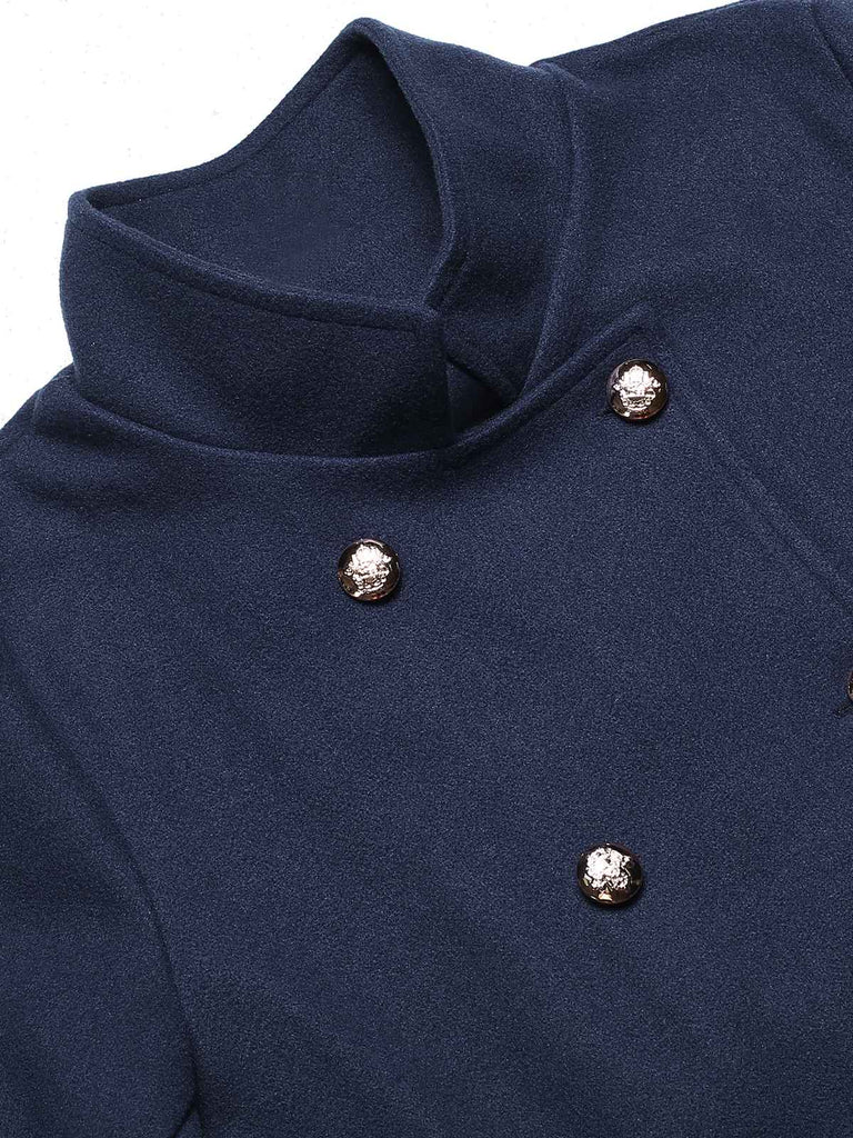 Blue 1940s Solid Stand Collar Double Breasted Coat, vintage coat, retro outerwear - perfect for women who love vintage and retro fashion