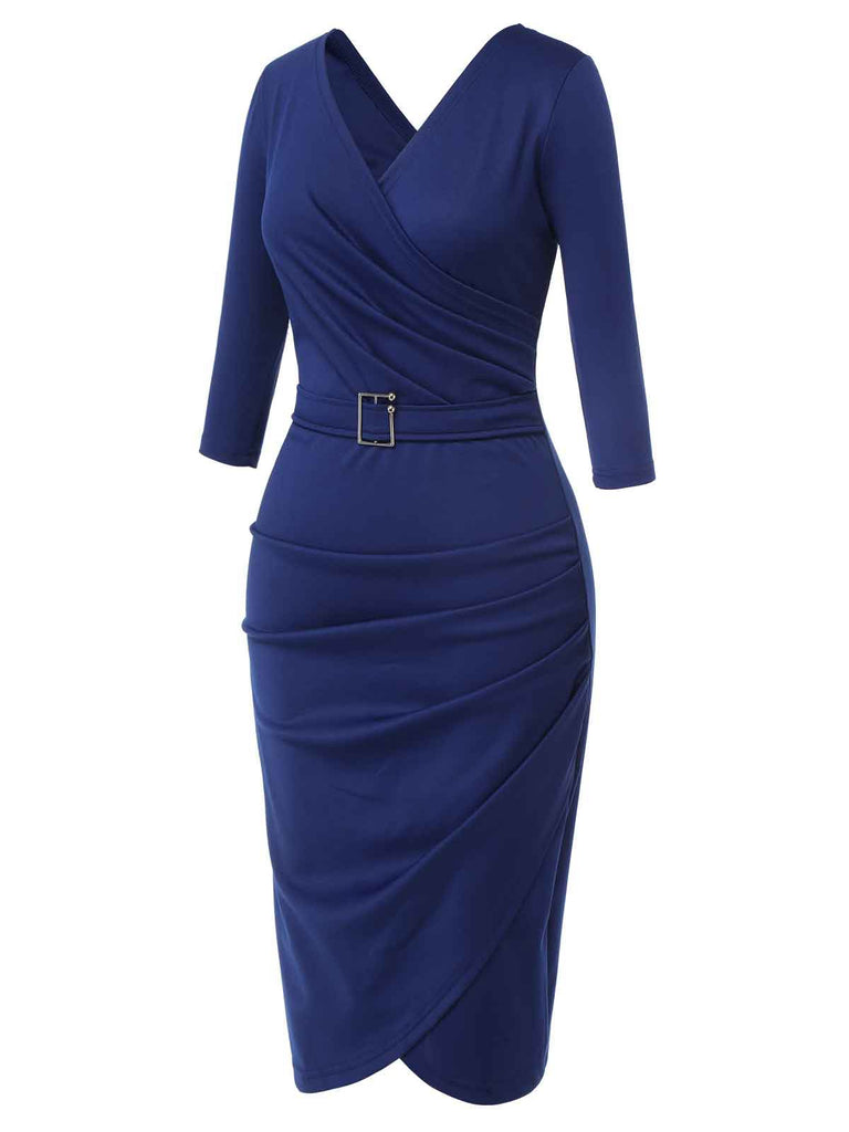 Blue 1940s Solid V-Neck Dress with Belt, vintage dress, retro fashion - perfect for women who love vintage and retro fashion