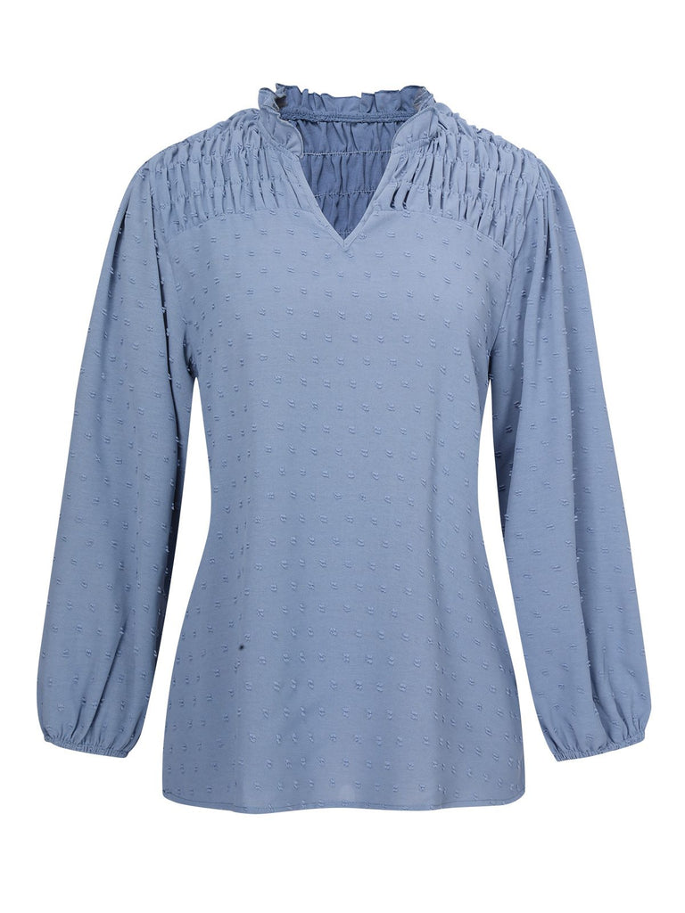 Blue 1940s Solid V-Neck Swiss Dot Blouse, vintage top, retro blouse - perfect for women who love vintage and retro fashion