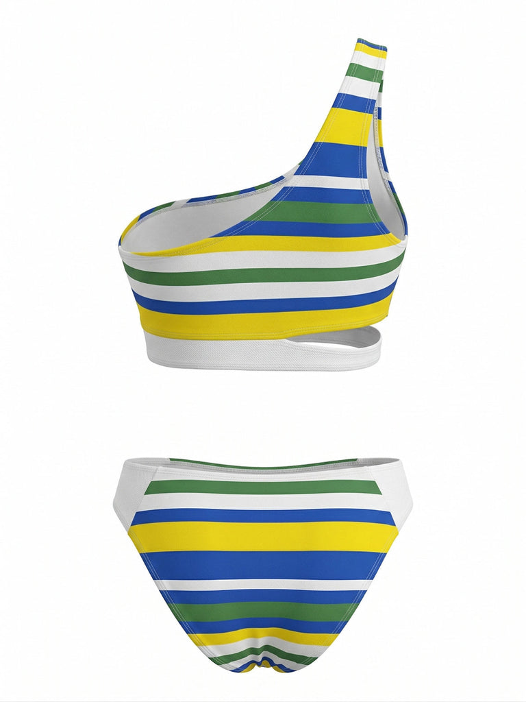 Blue 1940s Stripe One-Shoulder Cutout Bikini Set - vintage swimsuit, pin-up swimwear for vintage lovers