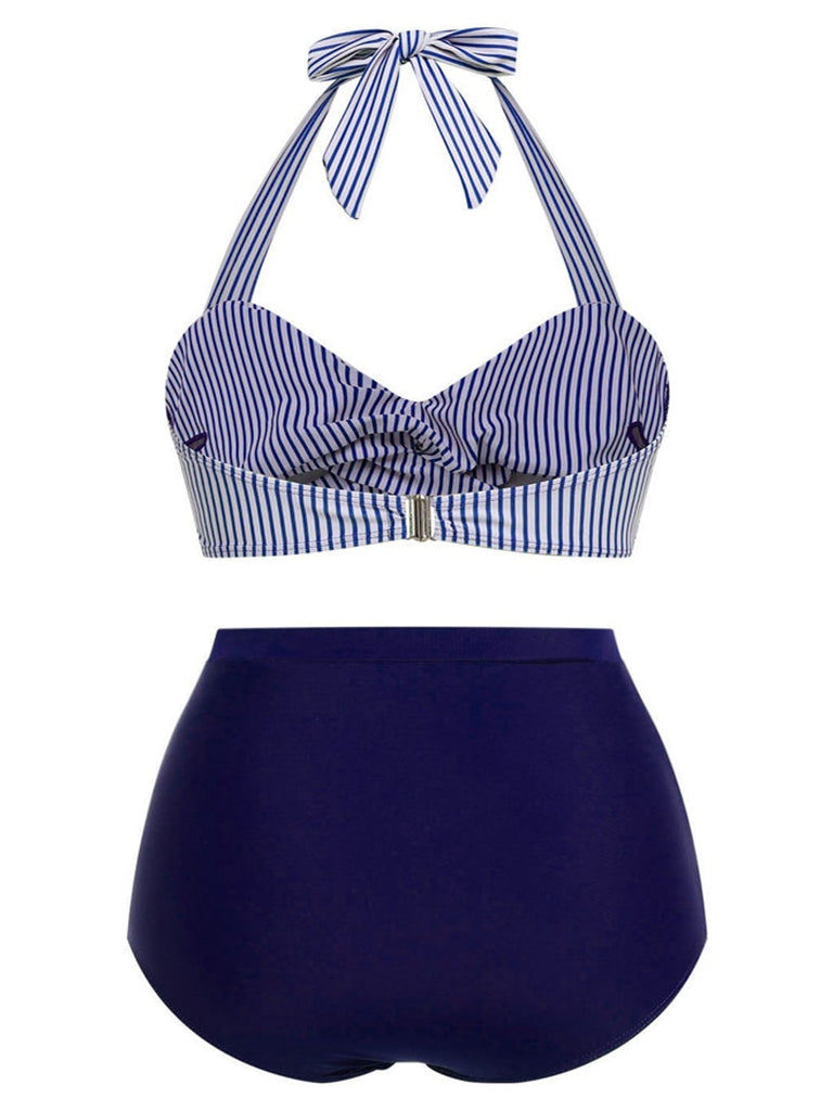 Blue 1940s Striped Halter Bowknot Bikini Set - vintage fashion, retro style