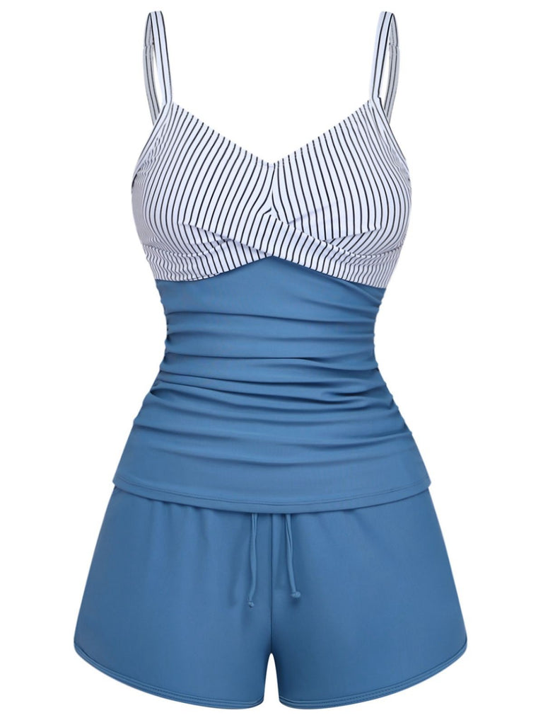 Blue 1940s Striped Pocket Ruched Swimsuit - vintage swimsuit, pin-up style